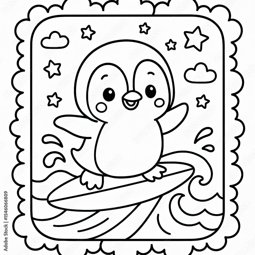 Obraz premium Adorable Penguin Surfing a Wave Kawaii Black and White Line Art Illustration