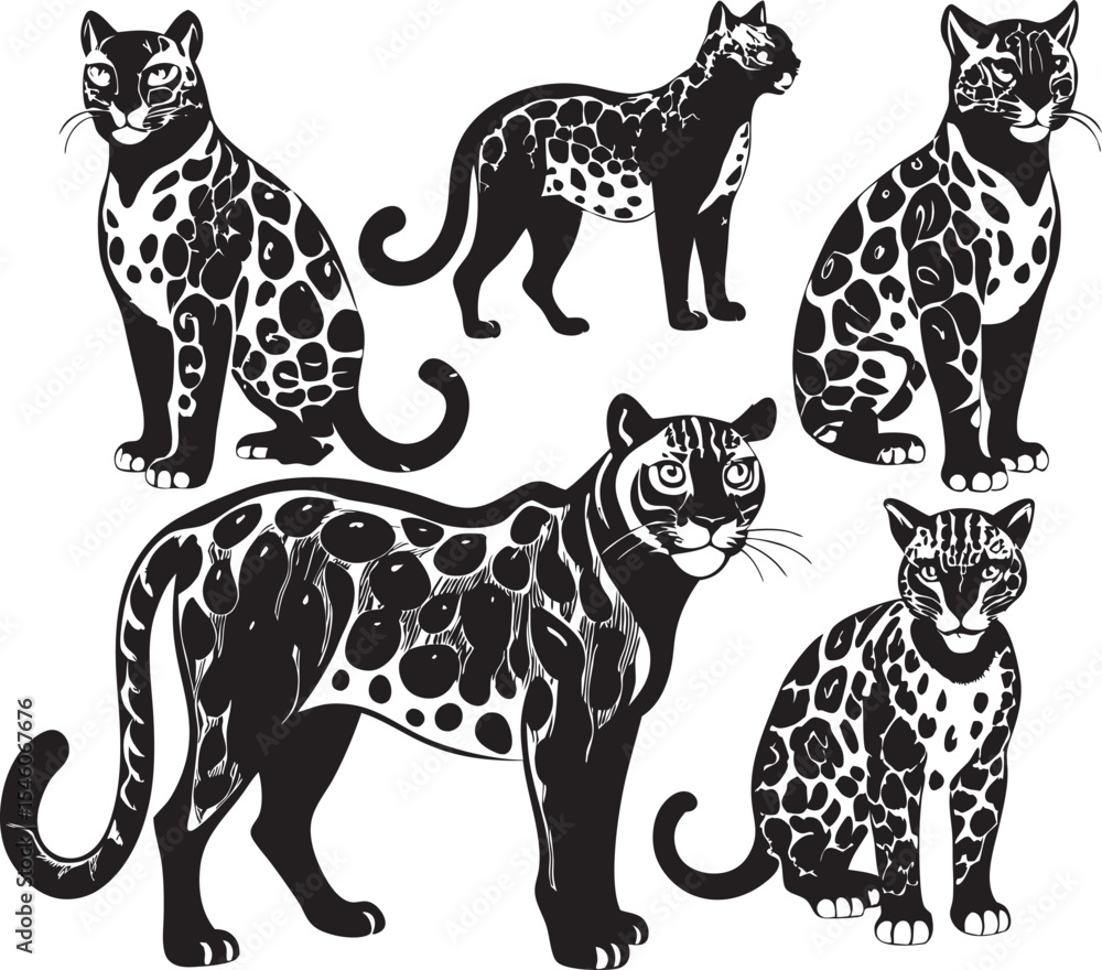 Fototapeta premium A collection of stylized leopard illustrations, showcasing the animal's distinct spots and powerful presence in dynamic poses.