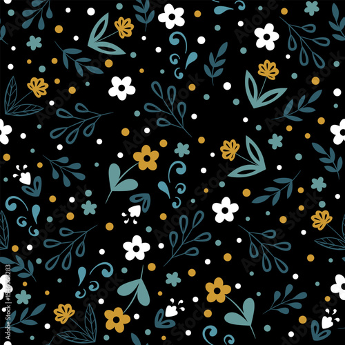 Simple seamless pattern with delicate flowers and leaves