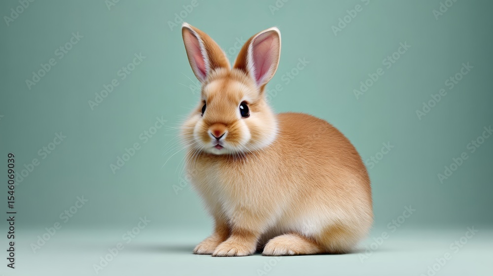 Fototapeta premium Small brown rabbit is sitting on a green surface. The rabbit is looking at the camera with its ears up
