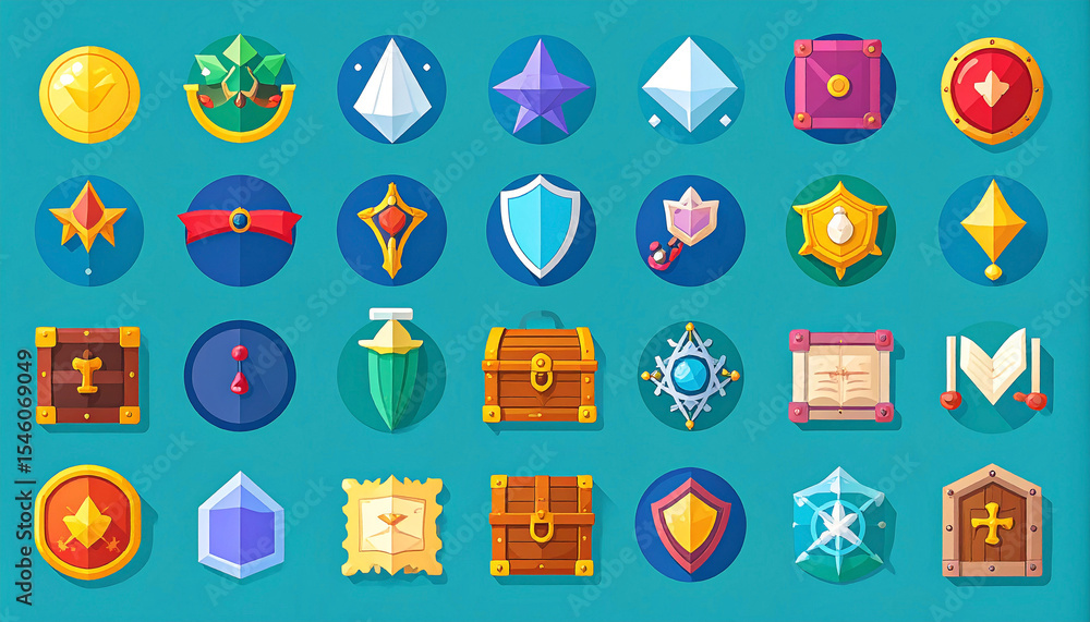 Fototapeta premium A vibrant collection of 28 flat-style game icons depicting fantasy-themed rewards, items, and UI elements, featuring gems, chests, shields, and more, on a teal background