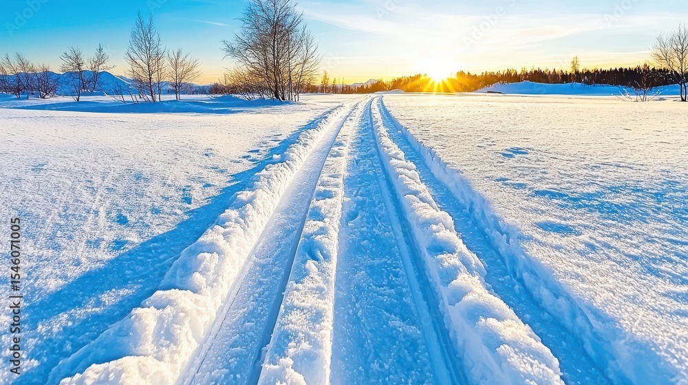 Serene Winter Sunset Landscape with Ski Tracks Serene Winter Sunset Landscape with Ski Tracks
