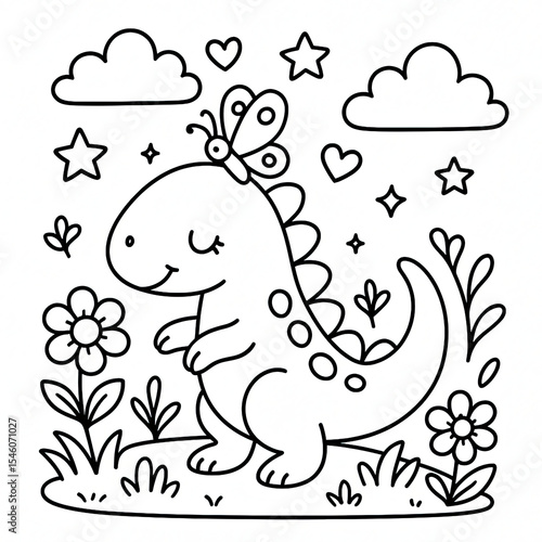 Cute Cartoon Dinosaur with Butterfly in Flower Garden