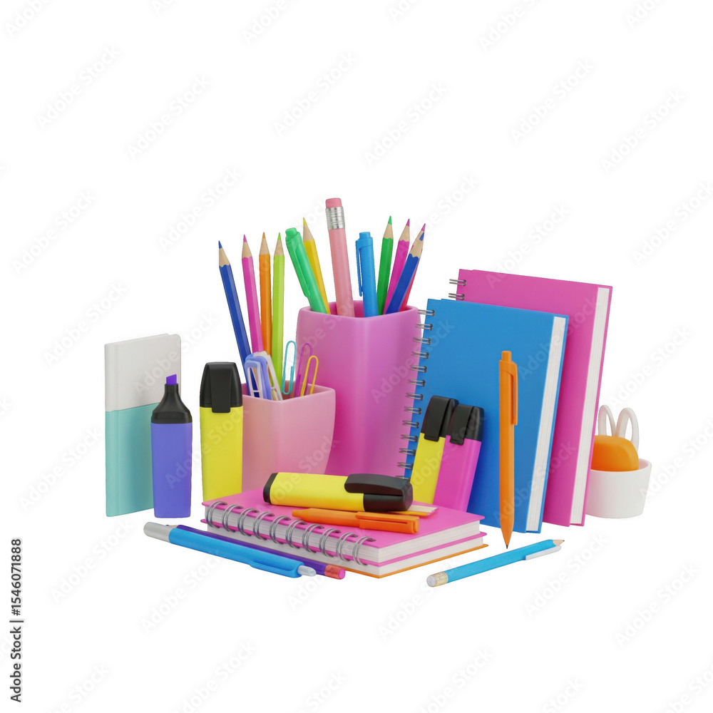 Organized stationery display featuring vibrant office and school supplies arrangement Organized stationery display featuring vibrant office and school supplies arrangement
