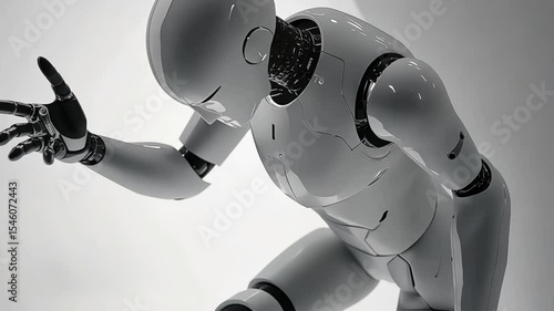 Robot humanoid putih dalam pose berpikir atau sedih, konsep kesadaran dan emosi AI