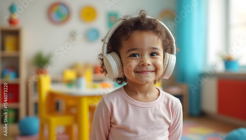 Autistic child wearing noise cancelling headphones in colorful preschool classroom