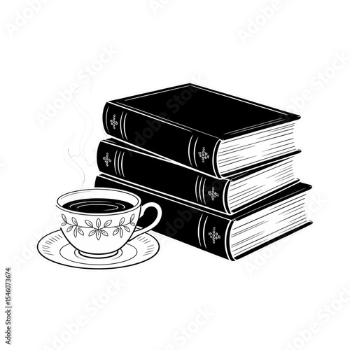 Three stacked books beside a steaming cup of coffee on a simple saucer, evoking a cozy reading atmosphere in a quiet space