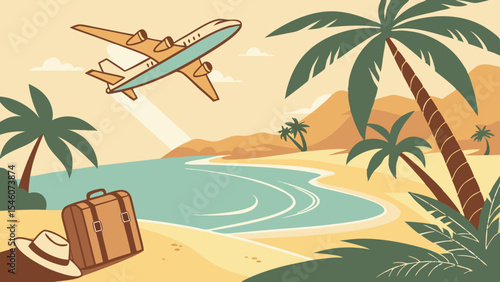 Airplane flying over a tropical beach with palm trees suitcase and hat in a vacation scene setting