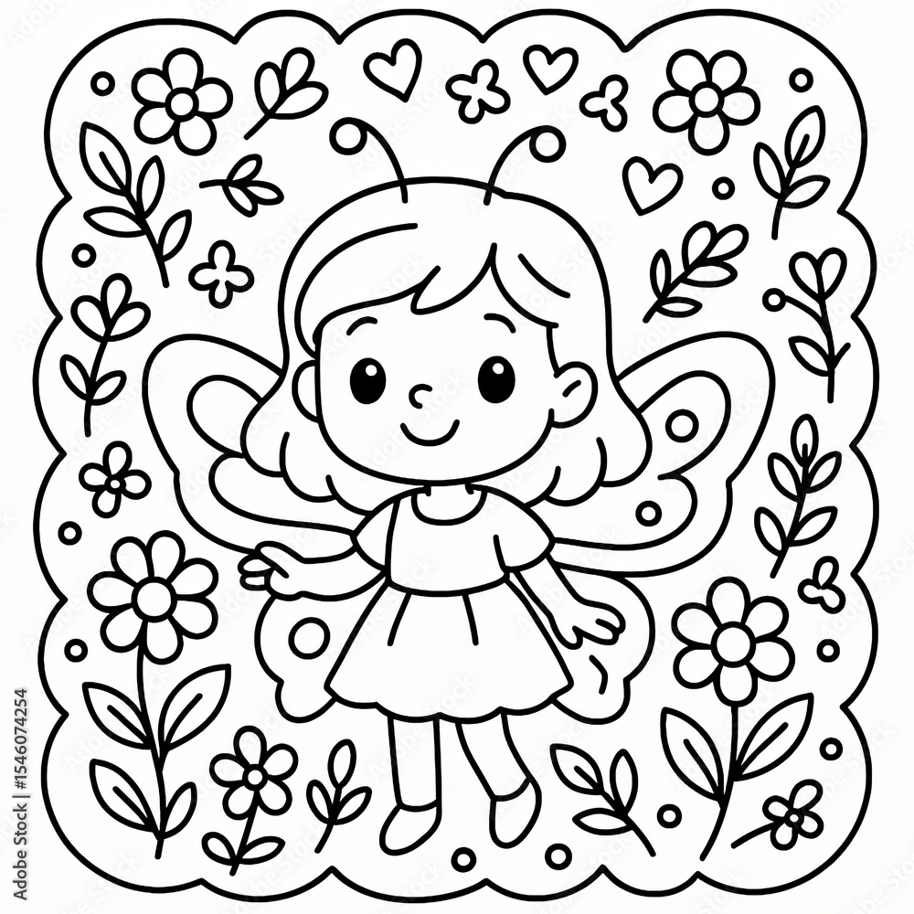 Obraz premium Cute Girl with Butterfly Wings in a Floral Frame