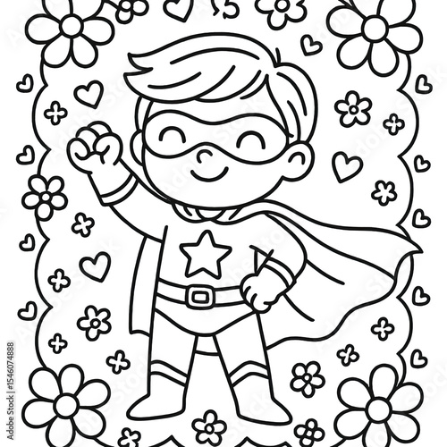 Cute Superhero Boy Cartoon Illustration with Flowers and Hearts