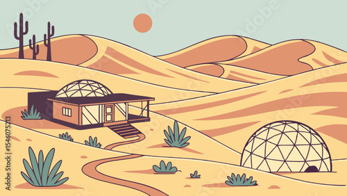 Illustration of a desert landscape with sand dunes, cacti, buildings, and a geodesic dome structure