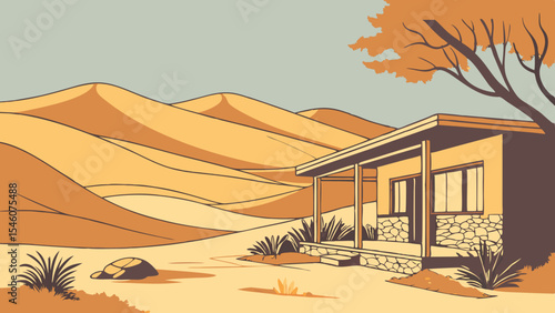 Illustration of a desert landscape with sand dunes and a house under a tree with a turtle nearby