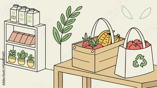 People shopping for fruits and vegetables at a local grocery store with reusable bags and baskets inside