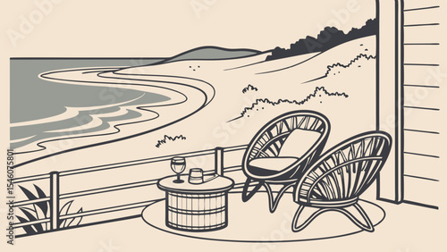 Illustration of a beach scene with two chairs and a table on a patio overlooking the ocean and dunes, retro style