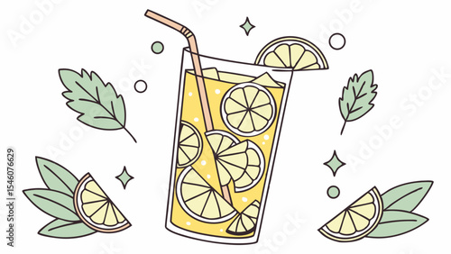 A refreshing glass of lemonade with lemon slices and a straw surrounded by leaves and sparkles design