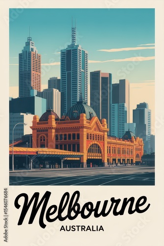 Vintage Travel Poster of Melbourne Skyline, Australia
