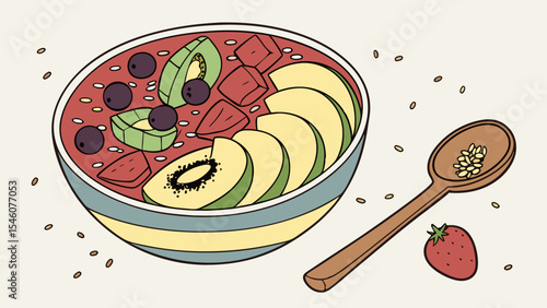 Illustration of a smoothie bowl with fruits such as kiwi, avocado, blueberry and strawberry with spoon near it