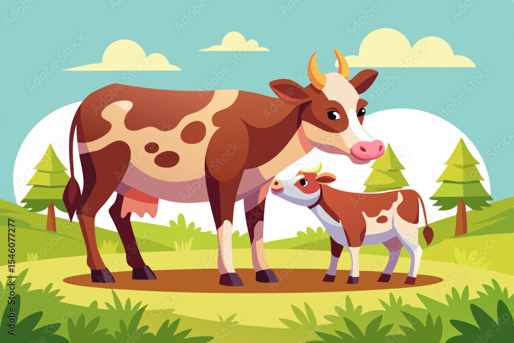 A cow gently licking her calf on a sunlit meadow A cow gently licking her calf on a sunlit meadow