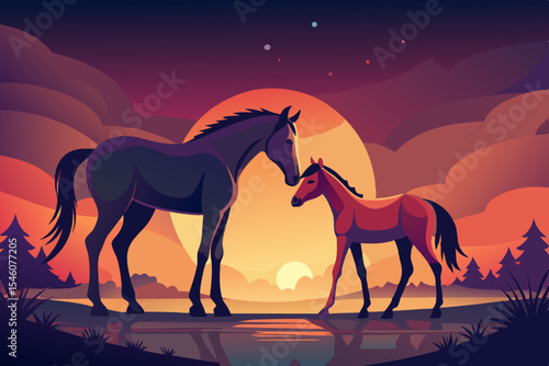 A mare and her foal touching noses at dawn