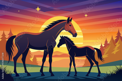 A mare and her foal touching noses at dawn