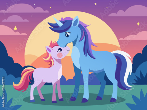 A mare and her foal touching noses at dawn