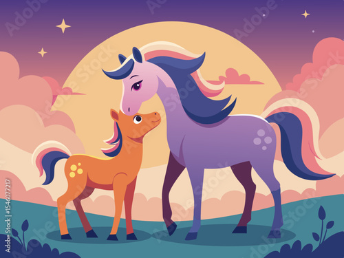 A mare and her foal touching noses at dawn