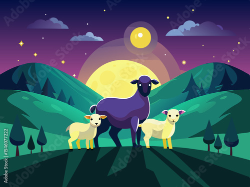 A sheep with two lambs standing on a hilly pasture