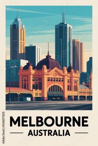 Vintage Travel Poster of Melbourne Skyline, Australia

