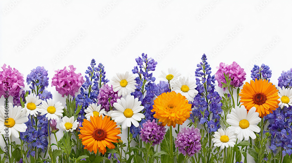 Fototapeta premium Bright assortment of colorful flowers arranged in a vibrant display against a simple white background
