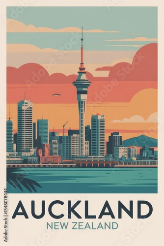 Vintage Travel Poster of Auckland Skyline, New Zealand