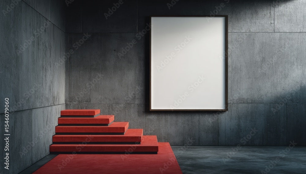 Red carpeted steps ascend to a blank poster on a grey concrete wall, bathed in subtle light Red carpeted steps ascend to a blank poster on a grey concrete wall, bathed in subtle light