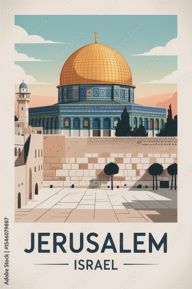 Naklejka premium Vintage Travel Poster of Jerusalem and Dome of the Rock, Israel