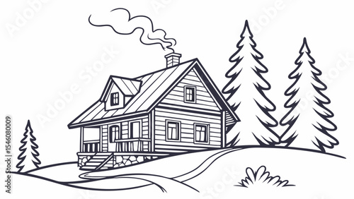 Illustration of a log cabin with smoke coming from the chimney and pine trees on a white background