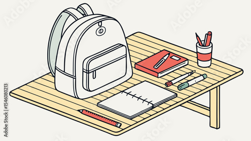 Illustration of a backpack notebook and writing utensils on a wooden table in a classroom setting scene