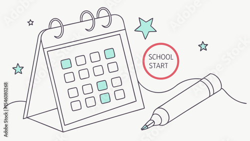 Illustration of a calendar with marked dates, stars, a pen, and a school start circle design element