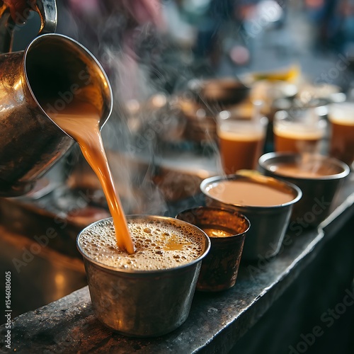 Fototapeta Naklejka Na Ścianę i Meble -  A close-up of hot masala chai being poured into small cups, served fresh at an Indian street food stall. .