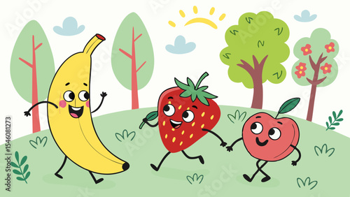 Cartoon fruits banana strawberry and apple holding hands running in a park with trees and sunshine happy