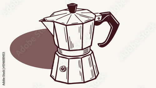 Illustration of a moka pot with a geometric design and a shadow on a white background surface view