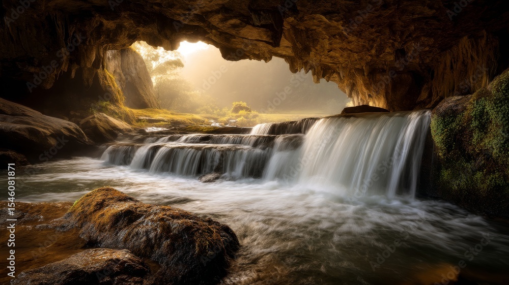 Fototapeta premium Serene Waterfall Cascading Through Rocky Cave in a Lush Green Forest, Bathed in Warm Sunlight