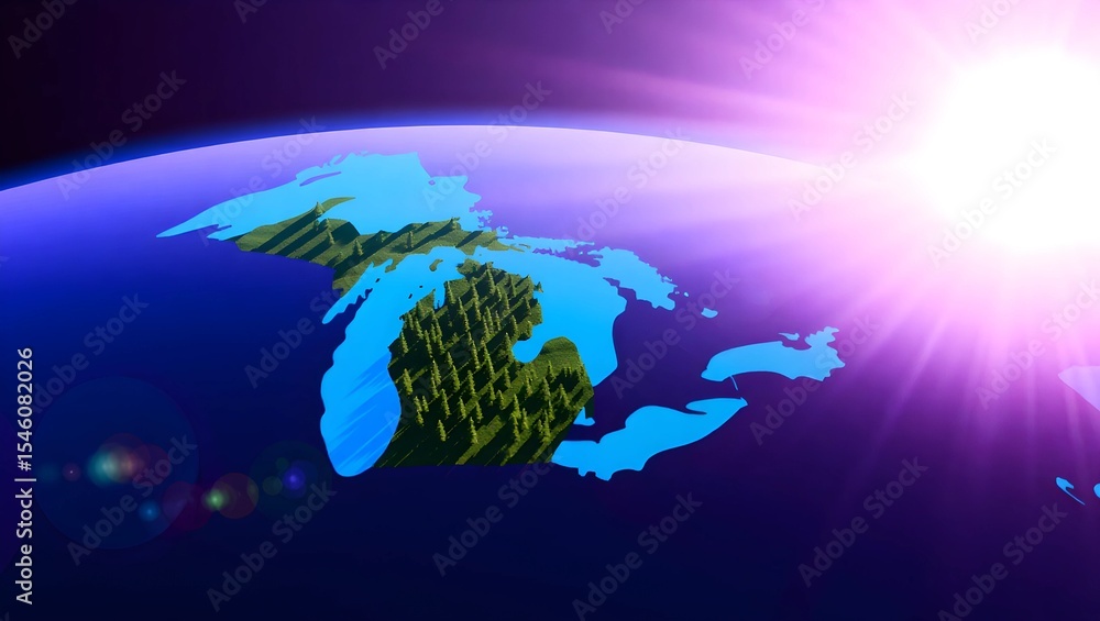 Naklejka premium The Great Lakes, including Lake Michigan, illuminated by a bright sunburst effect, creating a dramatic and artistic representation.