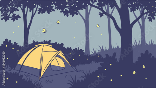 A camping scene featuring a tent under trees with fireflies illuminating the night in a stylized manner