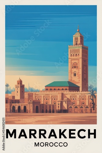 Vintage Travel Poster of Koutoubia Mosque in Marrakech, Morocco
