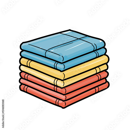 Stack of Folded Laundry: Colorful Cartoon Illustration for Cleaning Services and Home Organization. Freshly Washed and Neatly Arranged Towels in Blue, Yellow, and Red Hues.