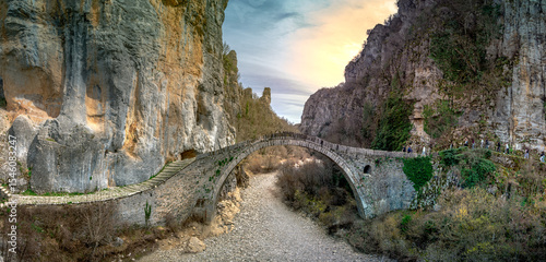 Old Noutsou - Kokkori arched stone bridge on Vikos canyon, Zagorohoria, Greece. 