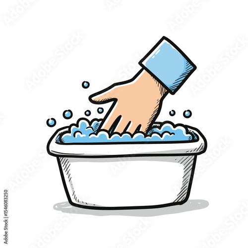 Hand Washing Clothes in Basin with Bubbles - Cartoon Illustration for Laundry, Cleaning, and Household Chores, Ideal for Blogs, Articles and Educational Materials