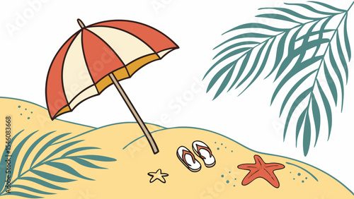 A beach scene with a parasol, palm leaves, starfish, and flip flops, evoking a summer vacation vibe
