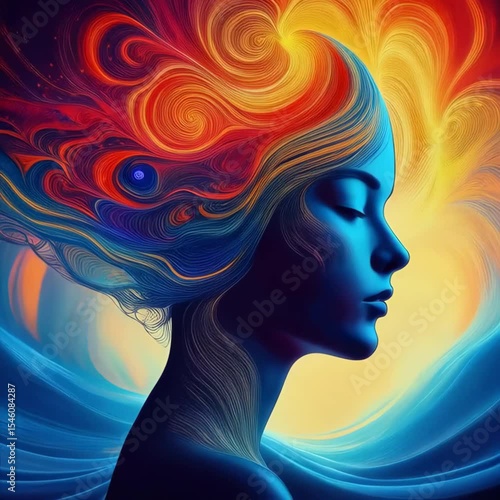 Mystical Aura: A serene portrait of a woman enveloped in a radiant aura of vibrant, swirling colors, creating a sense of tranquility and spiritual connection.
