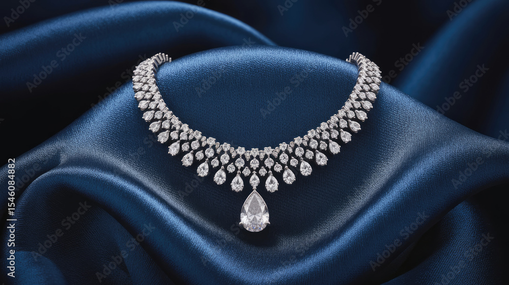 Fototapeta premium A necklace with a pendant is displayed on a blue cloth. The necklace is made of diamonds and is very shiny