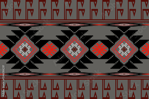 Traditional Thai “Pha Khao Ma” or “Pha Sin” fabric pattern in pixel art style. The design features diamond motifs with stepped shapes in red, black, and gray colors. Inspired by northeastern Thai weav