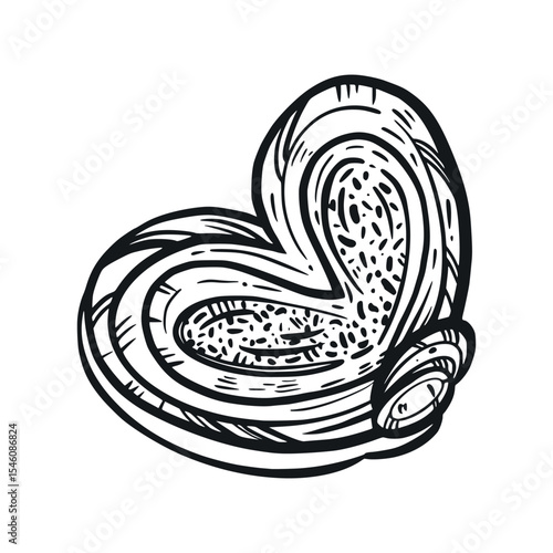 Sweet bun, heart-shaped pastry hand-drawn with ink. Vector illustration is suitable for printing on fabric, paper, for the design of confectioneries and bakeries, and the design of product packaging.